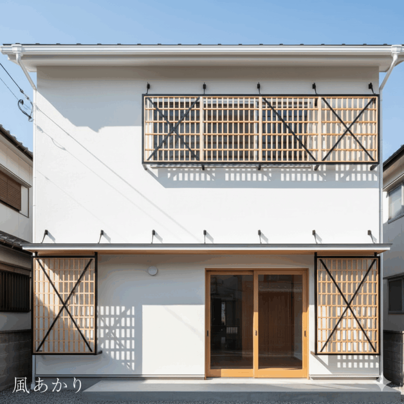 *風明かり*
筋かいや面材などによる耐力壁の増設は，採
光・通風を妨げる。風あかりは開口部を塞ぐ
ことなくフレームを設置し，フレーム自体に
意匠材を取付ける事で美観も向上する。