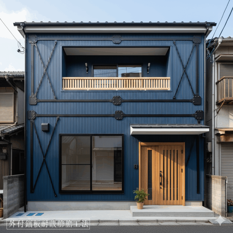 *外付鋼板耐震補強工法*
首都大学東京高木研究室で技術開発された工法
です。モルタル仕上の木造住宅を対象として、
仕上兼用の補強用角波鋼板を外付けします。耐
震補強と同時に外観をきれいにできます。
・日本建築防災協会の評価取得済。