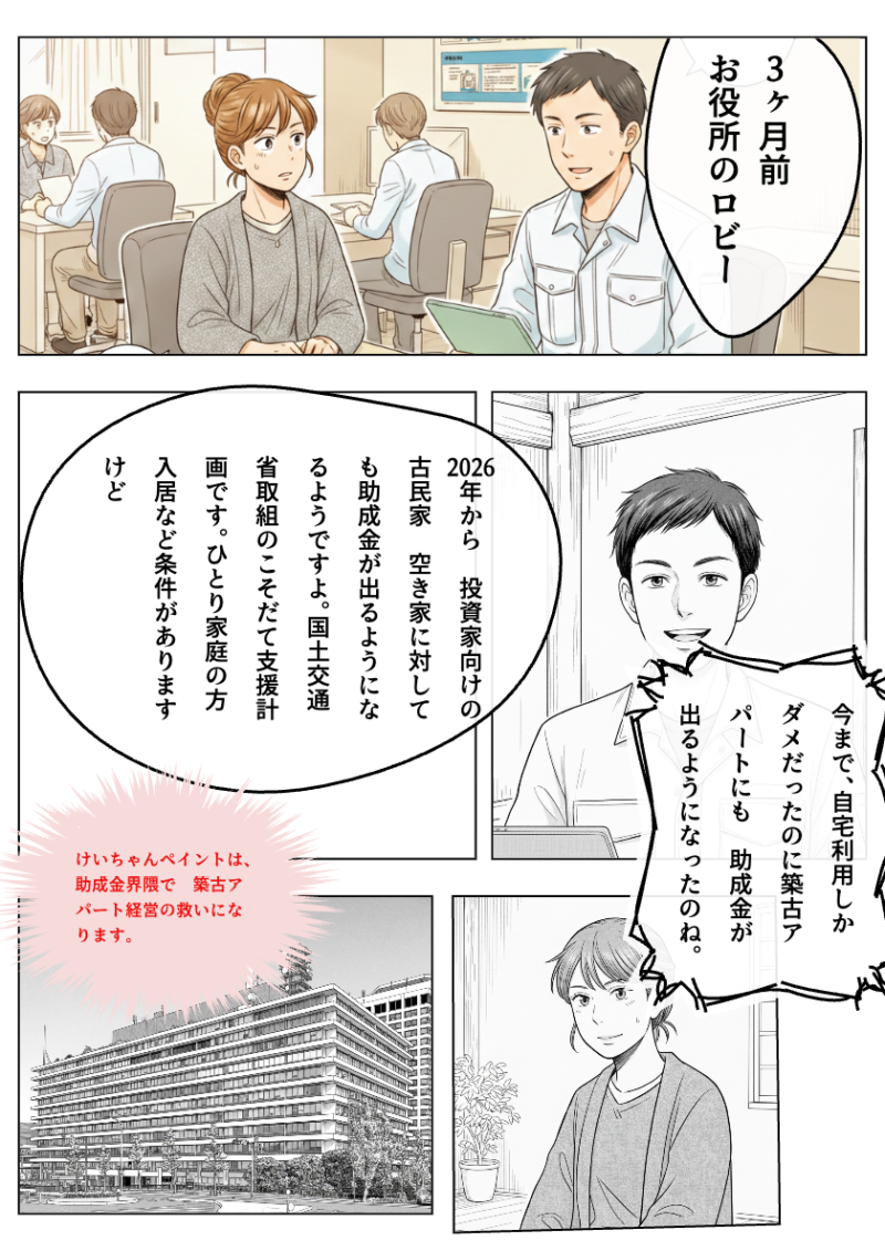けいちゃんペイントの慶ちゃんが 2026年の国土交通省の助成金を見つけました。築古いアパート経営をしている女性と助成金の相談をしています。